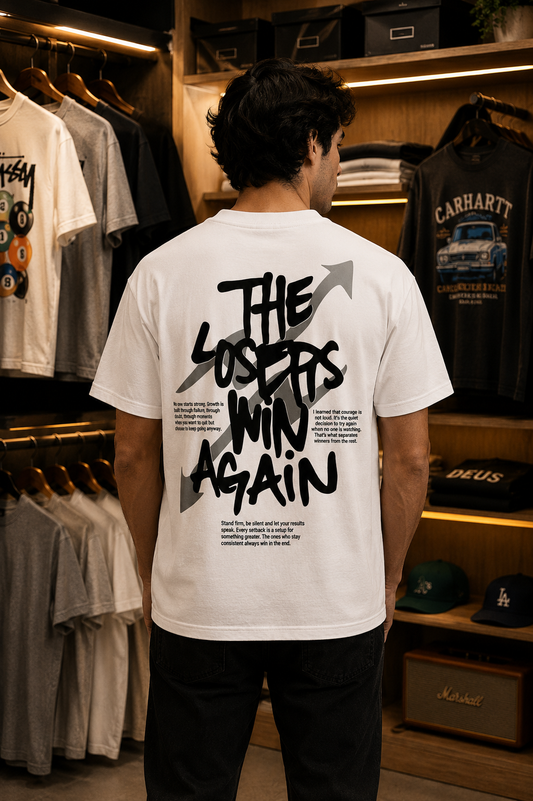 T-Shirt Oversize "The Losers Win Again" — Streetwear Blanc