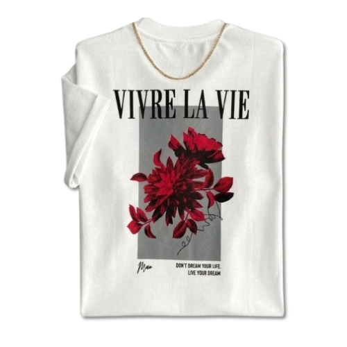 T-shirt Oversize "Vivre la Vie" — Motif fleurs rouges