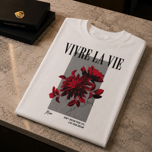 T-shirt Oversize "Vivre la Vie" — Motif fleurs rouges