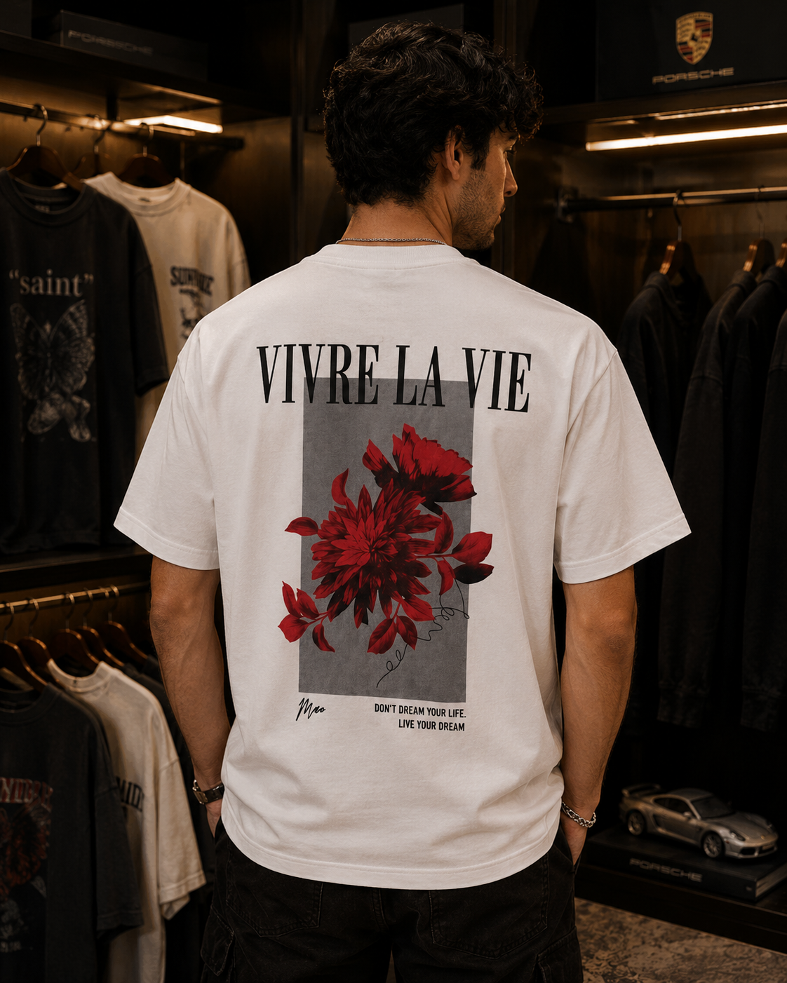 T-shirt Oversize "Vivre la Vie" — Motif fleurs rouges