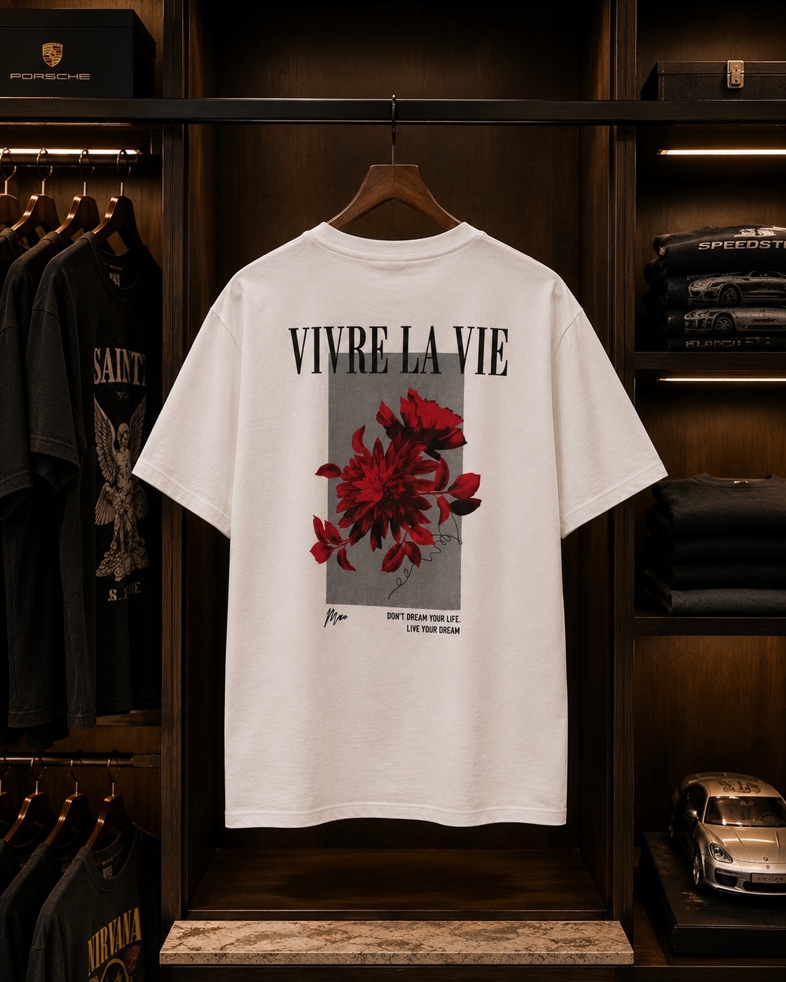 T-shirt Oversize "Vivre la Vie" — Motif fleurs rouges